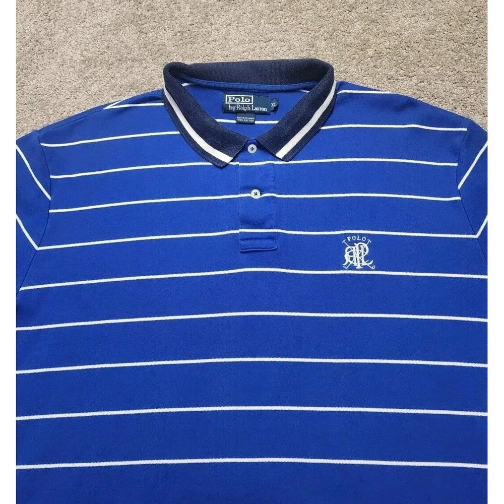 Vintage Polo‎ Ralph Lauren Pique Polo Shirt Mens XL Blue Striped RL Polo Logo